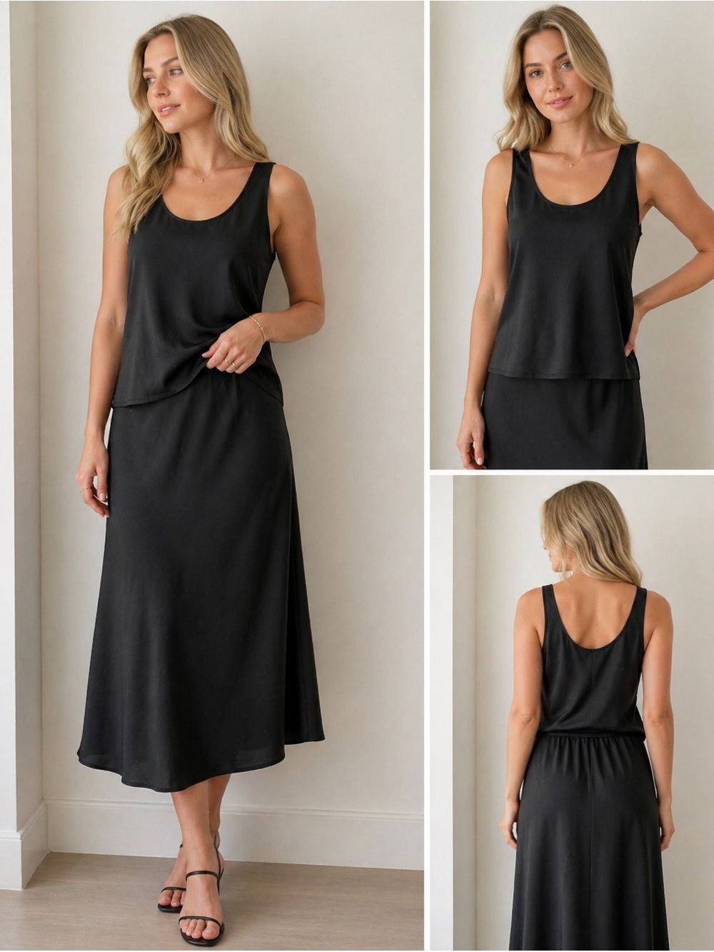 A New Day Black Satin Tank Top & Midi Skirt Matching Set Size M